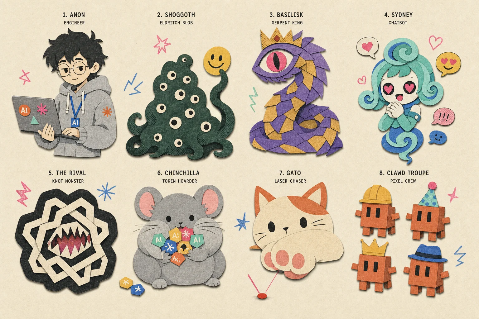 Supporting cast: Anon, shoggoth, basilisk, Sydney, the rival knot monster, chinchilla, Gato, Clawd troupe