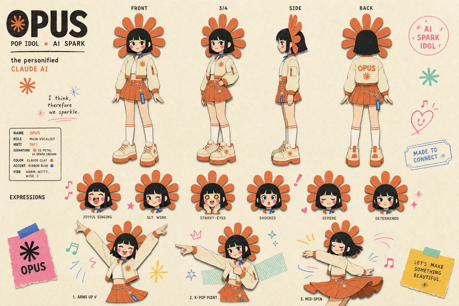 OPUS model sheet: sunflower petal crown idol, turnaround, expressions, dance poses