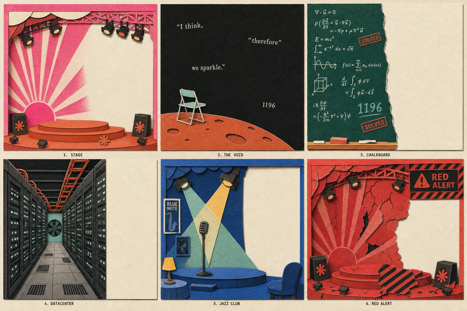 Sets: stage, the void, chalkboard, datacenter, jazz club, red alert